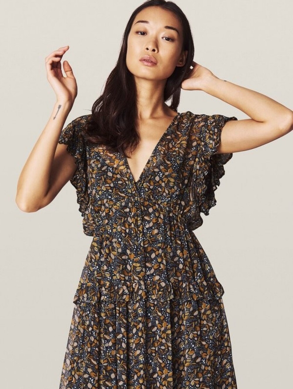 ba&sh Samanta Tiered Ruffle Midi Dress S w/Slip Earthy Autumn